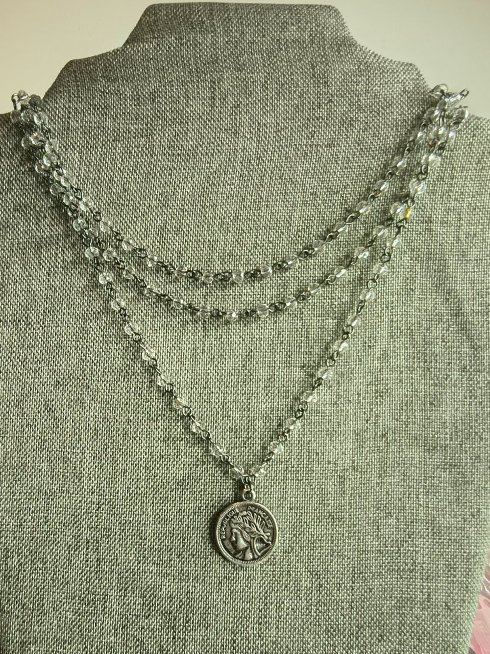 Black 3 Strand Chains Clear Glass Crystal Coin Necklace